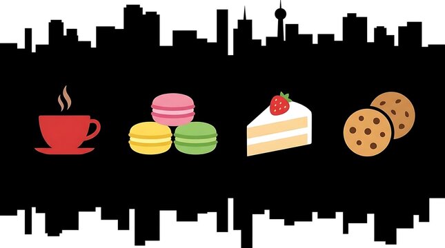 Cafe bakery treats with urban city skyline silhouette.