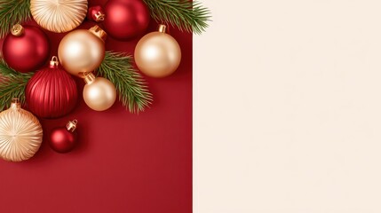 Obraz premium Red and gold holiday ornaments with pine branches on split layout background