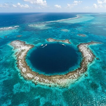 Aerial view of the Great Blue Hole Belize a famous underwater sinkhole in clear turquoise ocean