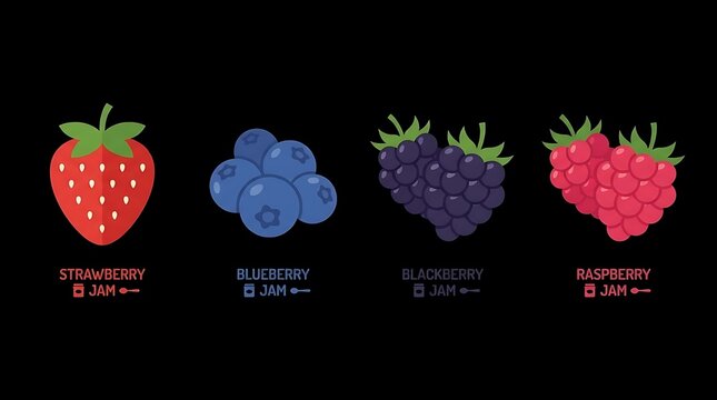 Colorful berry icons including strawberry, blueberry, blackberry and raspberry.