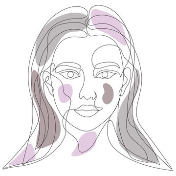 Continuous Line Art Woman Portrait Vector Illustration with Abstract Shapes on Dark Background