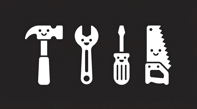 Cute cartoon construction tool icons with faces