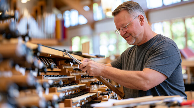 Organ builder in cathedral nave under overcast light filtering through clerestory windows, single craftsman adjusting pipe rank with long handled tool, pacing energy across slow deliberate work, chr