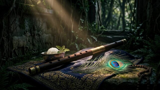 Vrindavan forest altar: wooden flute, peacock feather, sweet butter, divine light, stone carving, prayer bead, silk cloth, green jungle, mystic grove, holy offering, ancient relic.