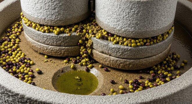 Authentic granite millstones slowly crush whole olives in a rustic stone basin, extracting pure extra virgin oil using ancient methods, nature, pulp, agriculture