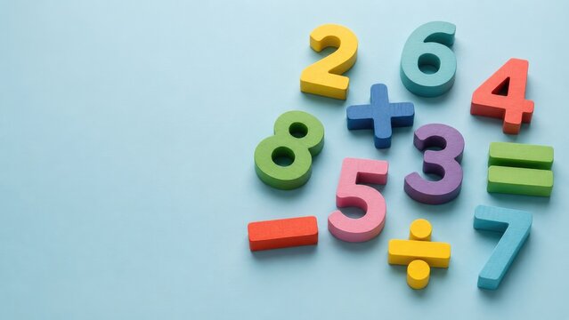 Colorful foam numbers and math symbols arranged on a light blue background for children's counting, arithmetic practice, and playful early learning