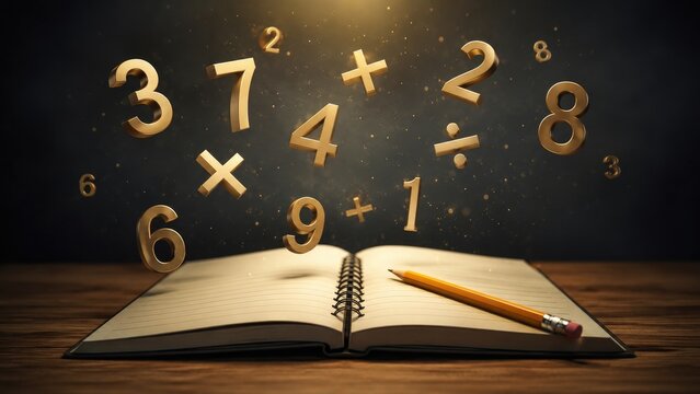 Open spiral notebook with pencil and floating golden mathematical numbers and symbols above, evoking study, creativity and learning