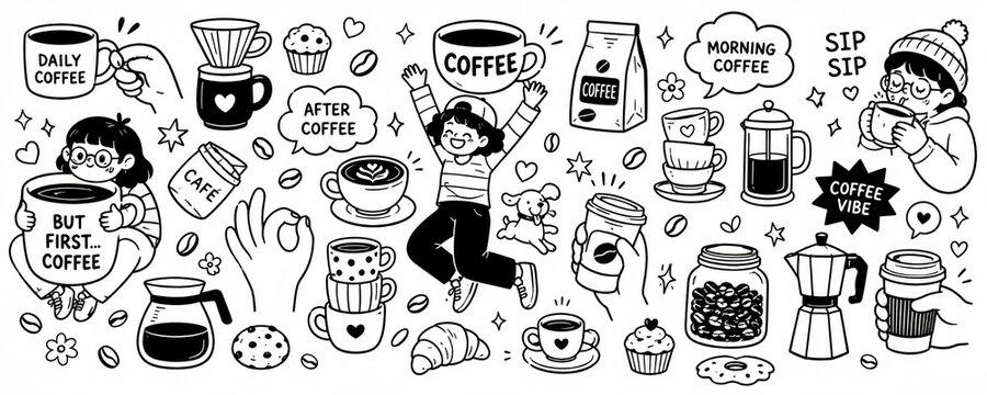 Hand Drawn Coffee Doodle Collection with Cute Characters, Cups and Cafe Elements