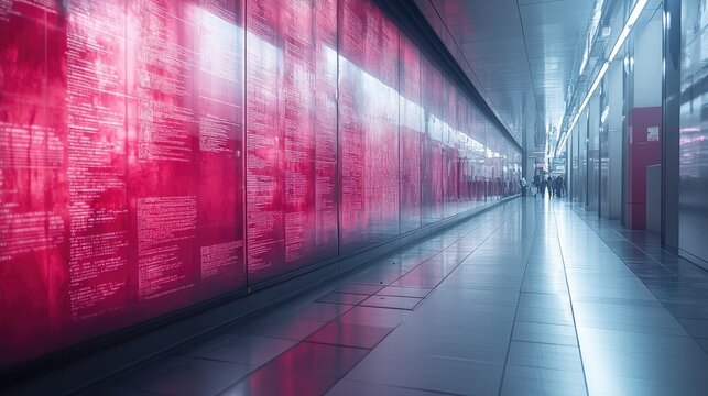 Futuristic Data Corridor with Red Digital Matrix Display on Wall - Technology, AI, Big Data Concept