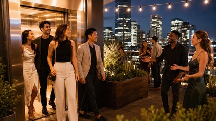 Fototapeta premium Well-dressed friends arrive at a rooftop party with city skyline at night