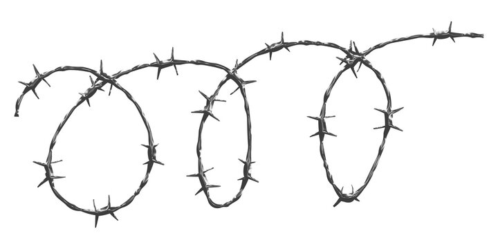 Dark grey barbed wire coils arranged in a horizontal row on a light grey background isolated on a transparent background