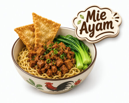 3D Isometric Indonesian Mie Ayam with Crispy Pangsit