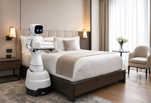 Service robot sitting on a bed inside a luxurious hotel room carrying out automated room maintenance and daily cleaning duty.