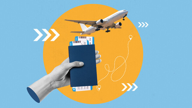 Travel plans start with a passport and flight tickets as a plane takes off in the background