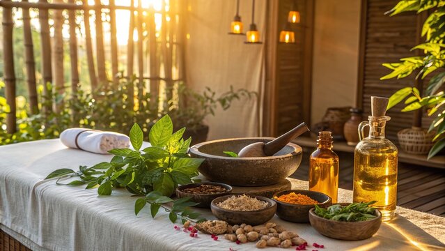 Ayurvedic massage wellness spa setting surrounded by natural therapeutic elements.