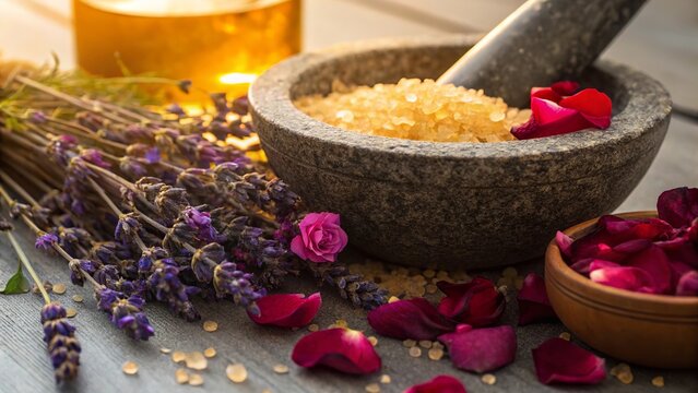 Ayurvedic herbal medicine spa setup with natural oils and wellness elements.