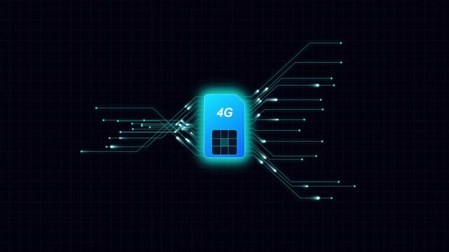 4 g sim card digital data transfer technology animation with glowing circuitry network connectivity concept