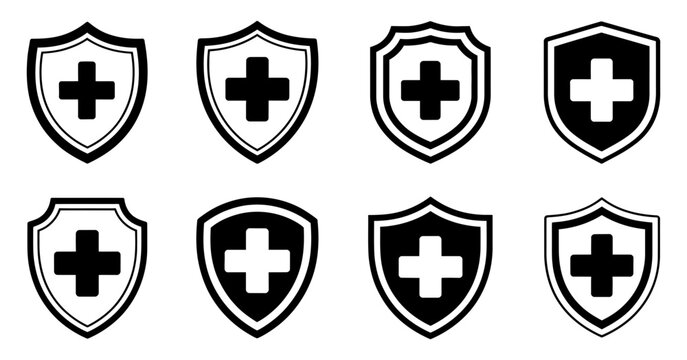 medical shield cross icon set for health protection and immunity