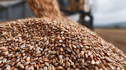 Obraz premium Golden wheat grains spill into a heap. Machine pours harvest against a muted sky.