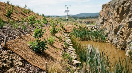 Fototapeta premium Biodiversity conservation in a reclaimed quarry with erosion control mesh, saplings, wetland reeds, sediment pond, and solar monitoring equipment