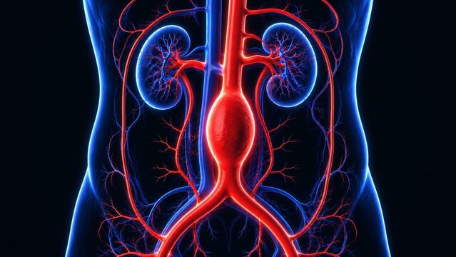 3D medical illustration of abdominal aortic aneurysm with enlarged abdominal aorta and kidneys
