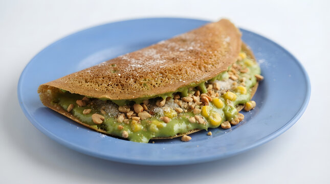 Creamy matcha paste filled apam balik or Malaysian martabak manis with peanuts. Southeast Asia dessert with East Asian Zen twist on a blue plate on white background in macro shot