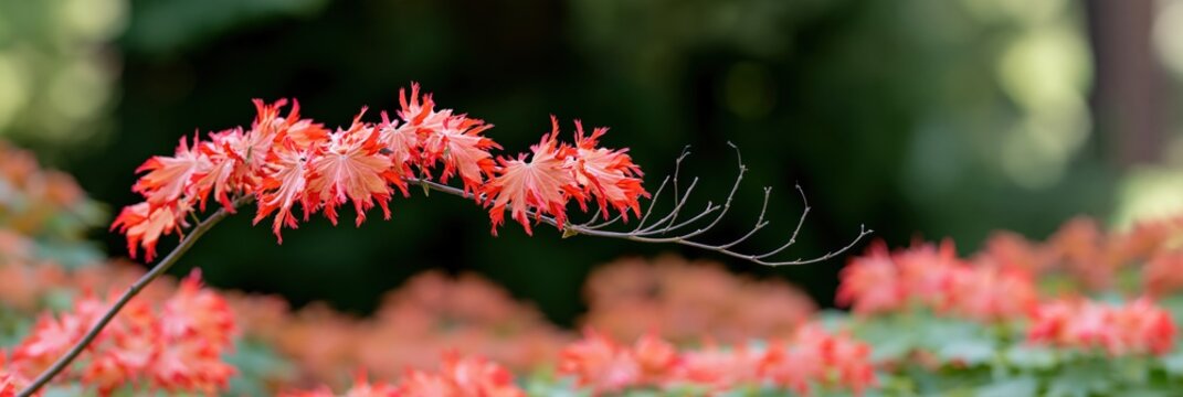 Arching cluster of orange red maple blossoms on a curved stem for autumn wallpaper and nature background with soft focus