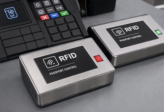 Pair of electronic RFID reader devices and microchip passports resting on an official administrative desk security table.