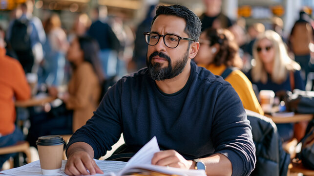 A screenwriter sitting at a cafe table in a crowded transit hub surrounded by commuters, manuscript pages weighted down by a coffee cup as the multicultural crowd streams past, social enterprise fil
