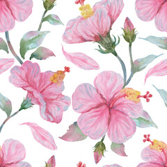 Seamless pattern of pastel Hibiscus hand-drawn on paper with watercolor vintage-style. © Walliya silachan