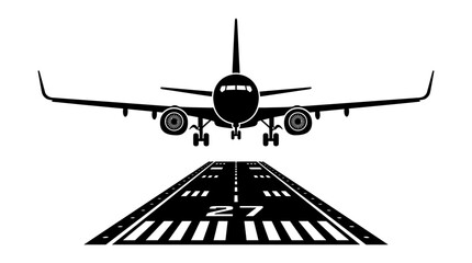 Airplane approaching runway black vector silhouette on white background © Kadiza