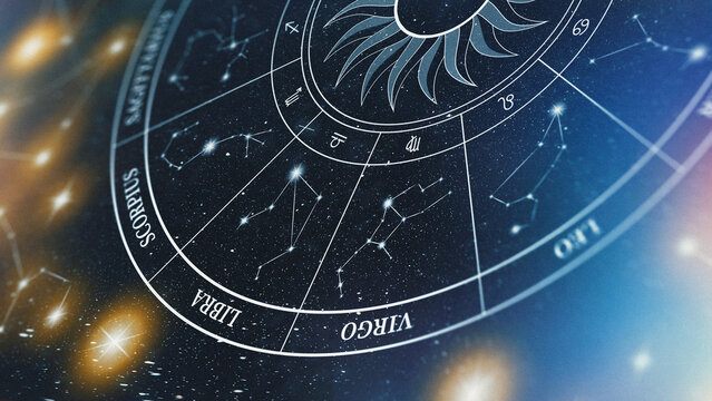 Astrology zodiac signs chart with constellations in the night sky and stars at a specific time