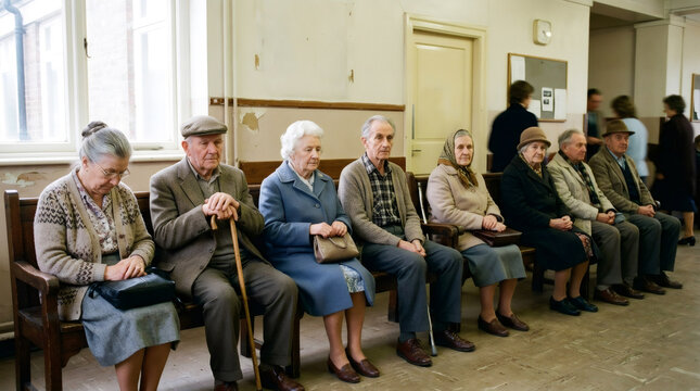 Elderly men and women sitting in a public waiting room. Senior community, healthcare appointment, social care, aging population, patience and everyday life concept.