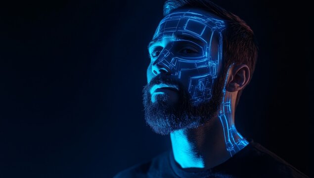 A handsome man with a beard, wearing a black shirt and a blue, glowing robotic face in a sci-fi style, cinematic shot, captured with an ARRI Alexa 