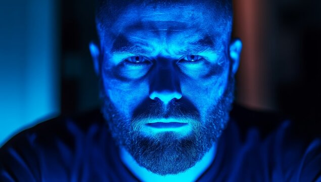 A handsome man with a beard, wearing a black shirt and a blue, glowing robot-like face, is looking at the camera. This appears to be a scene from a sci-fi movie, shot on a Sony Alpha A7 III