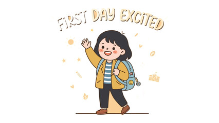 Back to School Excitement: A cheerful young student, backpack on, waves enthusiastically, ready to embark on their first day of school. Celebrate the joy and anticipation of a new academic journey.