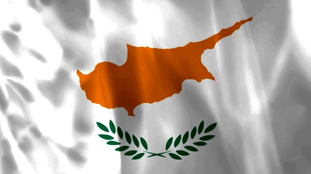 Waving national flag of Cyprus featuring the country map and olive branches on white background