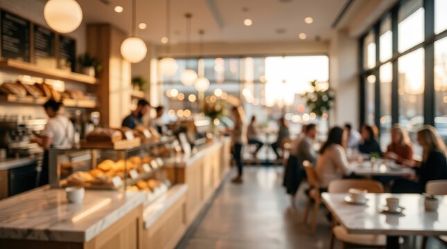 blurred warm modern cafe interior, marble pastry counter, patrons at tables, bright natural window light.
