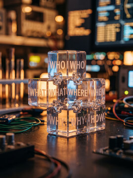 Glowing Glass Cubes Displaying Journalism Five Ws Words
