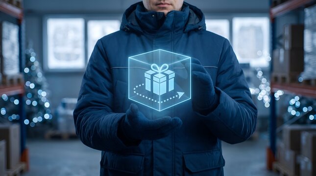 Futuristic logistics hologram of a gift box, warehouse worker holding digital delivery icon, smart shipping and holiday supply chain technology