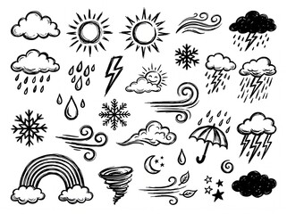 Obraz premium Weather Doodle Icons Set, Hand Drawn Sketch Style Collection, Sun Cloud Rain Snow Storm Thunder Rainbow Tornado Wind Moon Symbols for Forecast and Climate Design