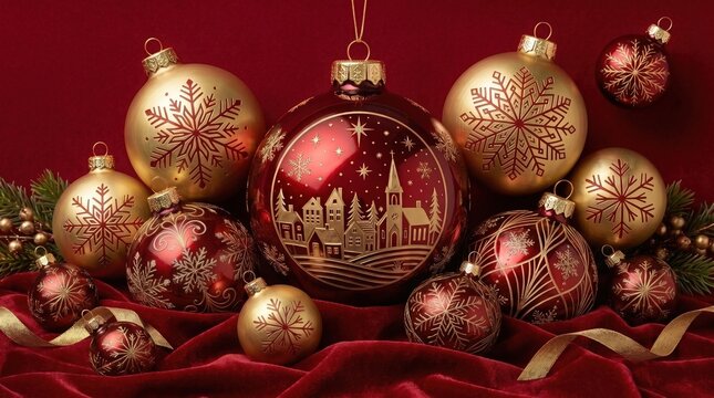 Luxury Christmas composition with red and gold baubles and fir branches GENERATED BY AI