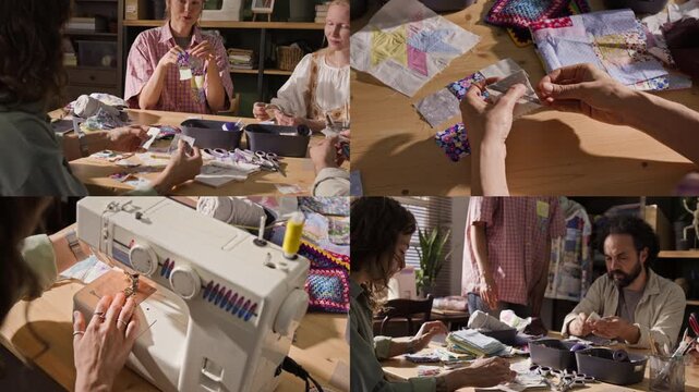 Group of people participating in sewing workshop, using sewing machine and arranging fabric patches, split screen. Video is perfect for promoting creative classes or DIY hobby brands