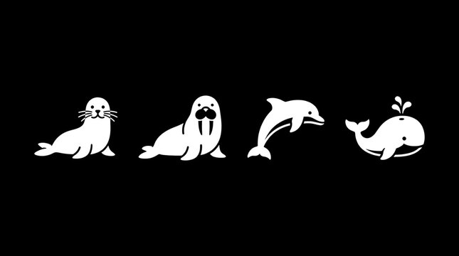 Set of ocean mammal icons including whale and dolphin.