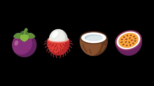 Tropical fruit icons featuring mangosteen, rambutan, coconut, and passionfruit.
