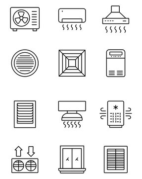 HVAC line icons set, 12 air conditioning and ventilation vector symbols, climate control system equipment for home and office