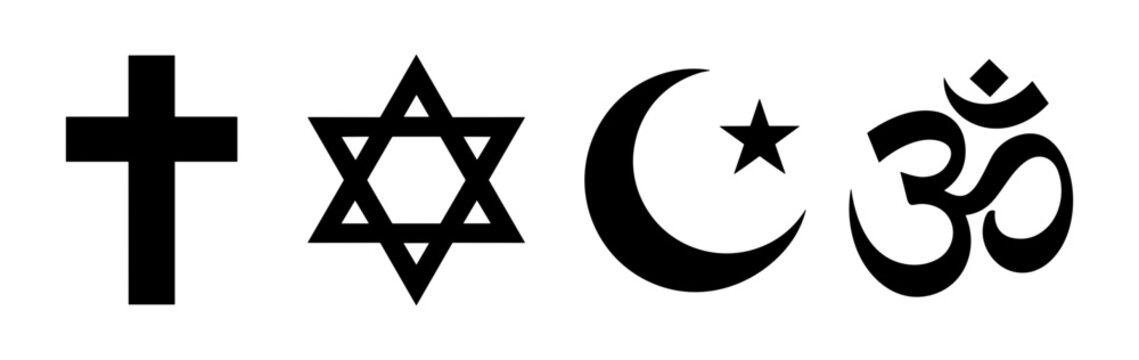 Religious Symbols Collage: A collage of four distinct religious symbols - a Christian cross, a Star of David, an Islamic crescent moon and star.