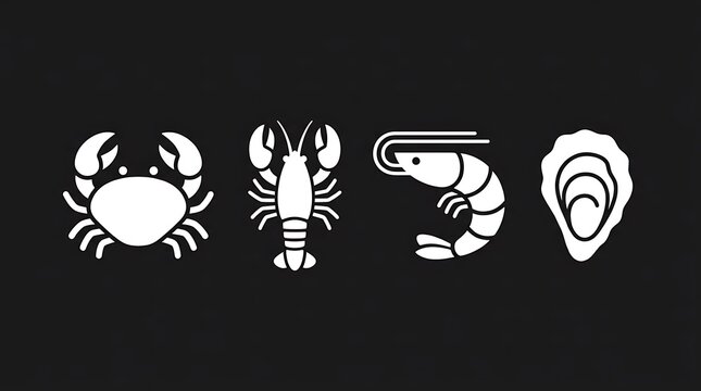 White minimalist seafood icons crab lobster shrimp and oyster.