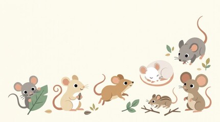 Obraz premium Collection of cute baby mice with varied playful appearances, gray mouse, cream mouse, light brown mouse, white mouse, tiny field mouse and round-eare