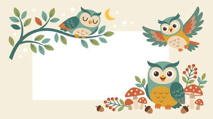 Naklejka premium Commercial children's owl clipart collection featuring playful owls with branches, crescent moons, stars, leaves, acorns, mushrooms, berries and simpl